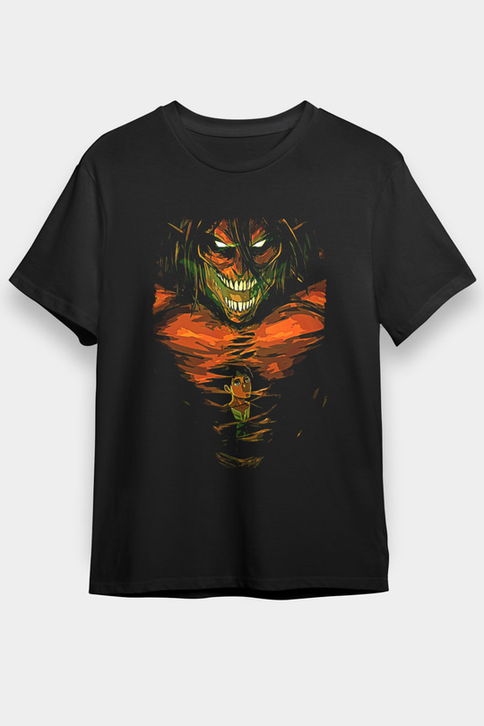 Attack On Titan Baskılı Unisex Siyah Tişört - Tshirt