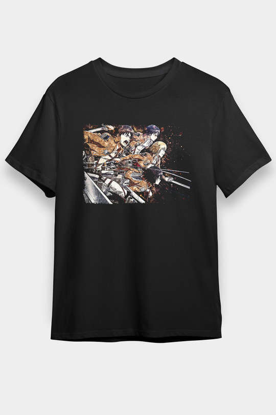 Attack On Titan Baskılı Unisex Siyah Tişört - Tshirt