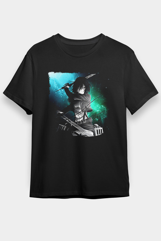 Attack On Titan Baskılı Unisex Siyah Tişört - Tshirt