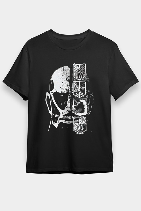 Attack On Titan Baskılı Unisex Siyah Tişört - Tshirt