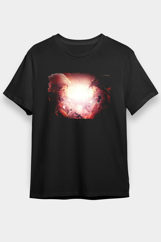 Attack On Titan Baskılı Unisex Siyah Tişört - Tshirt