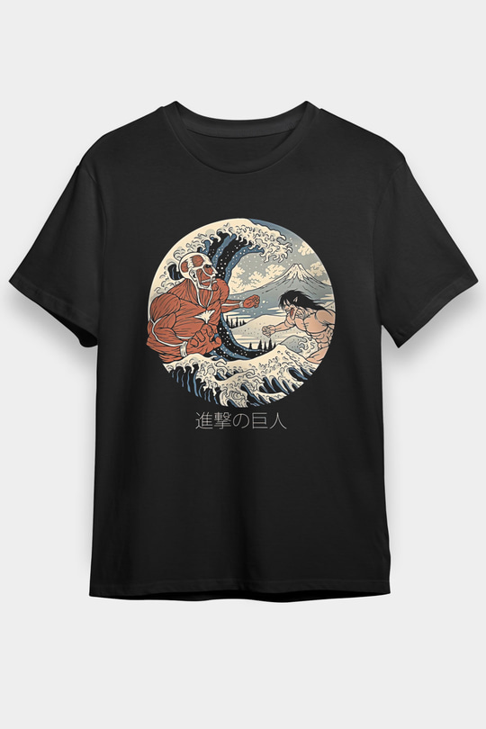 Attack On Titan Baskılı Unisex Siyah Tişört - Tshirt