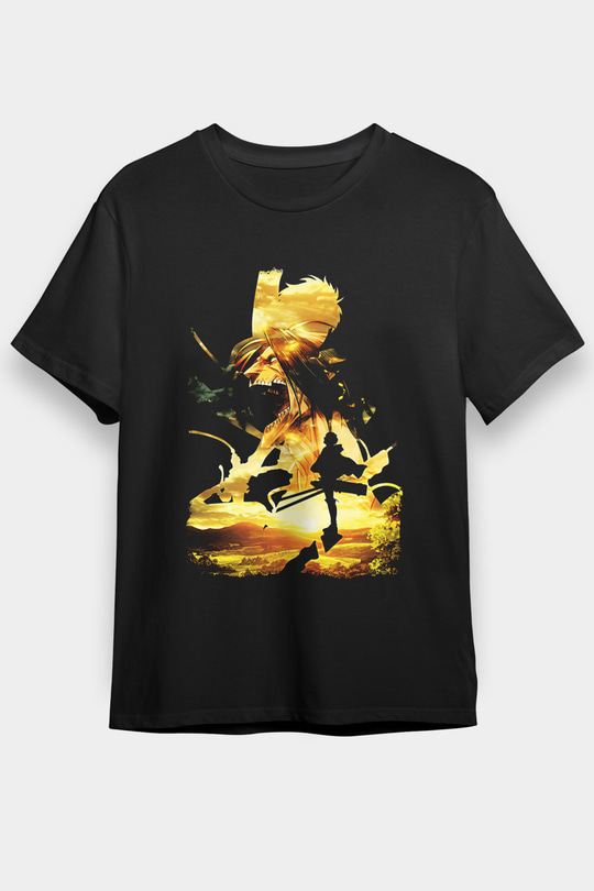 Attack On Titan Baskılı Unisex Siyah Tişört - Tshirt