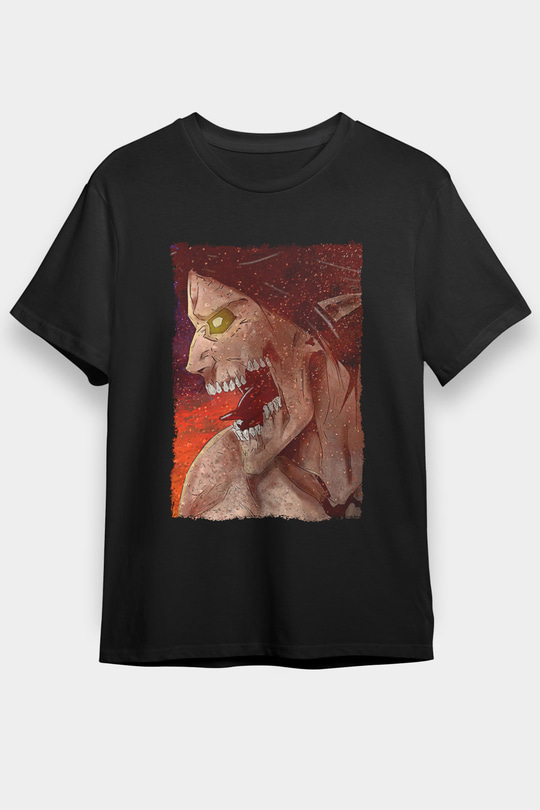 Attack On Titan Baskılı Unisex Siyah Tişört - Tshirt