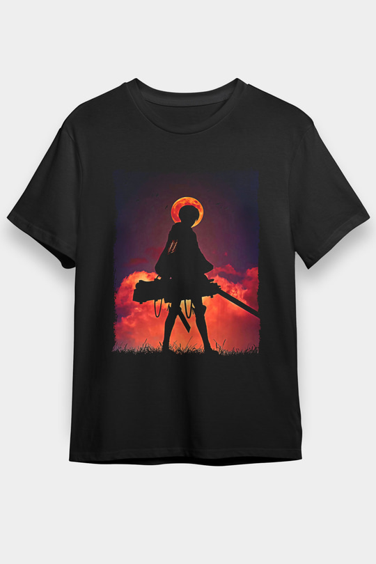 Attack On Titan Baskılı Unisex Siyah Tişört - Tshirt