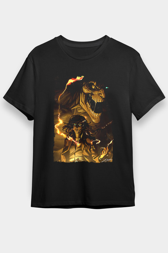 Attack On Titan Baskılı Unisex Siyah Tişört - Tshirt