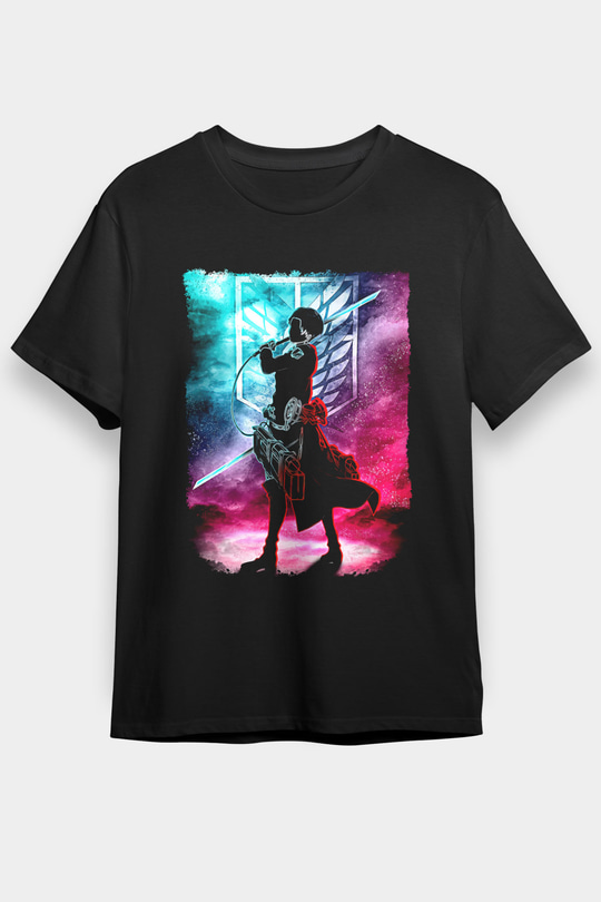 Attack On Titan Baskılı Unisex Siyah Tişört - Tshirt