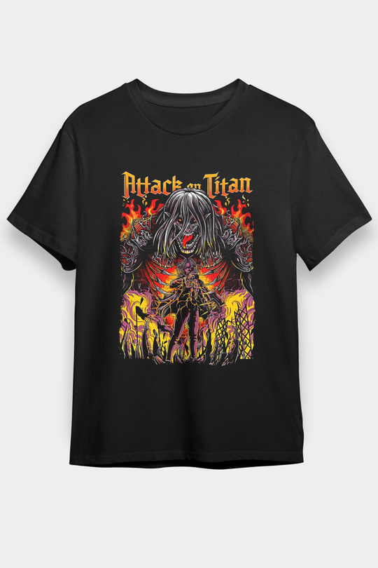 Attack On Titan Baskılı Unisex Siyah Tişört - Tshirt