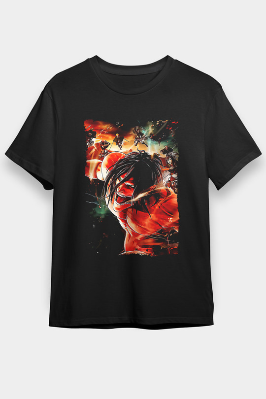 Attack On Titan Baskılı Unisex Siyah Tişört - Tshirt