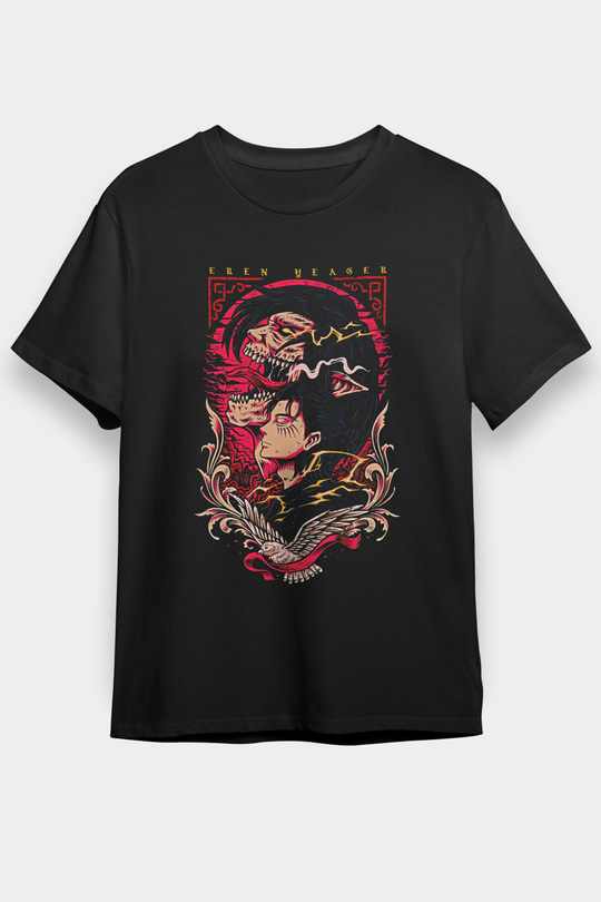 Attack On Titan Baskılı Unisex Siyah Tişört - Tshirt