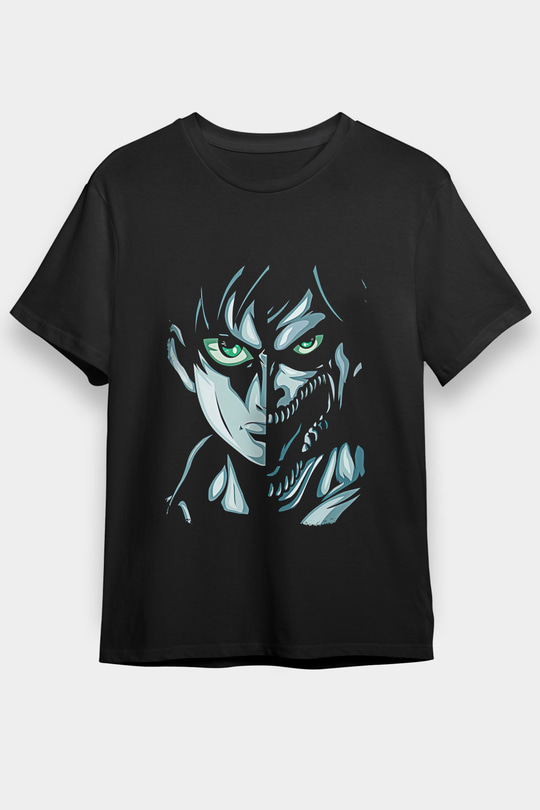 Attack On Titan Baskılı Unisex Siyah Tişört - Tshirt