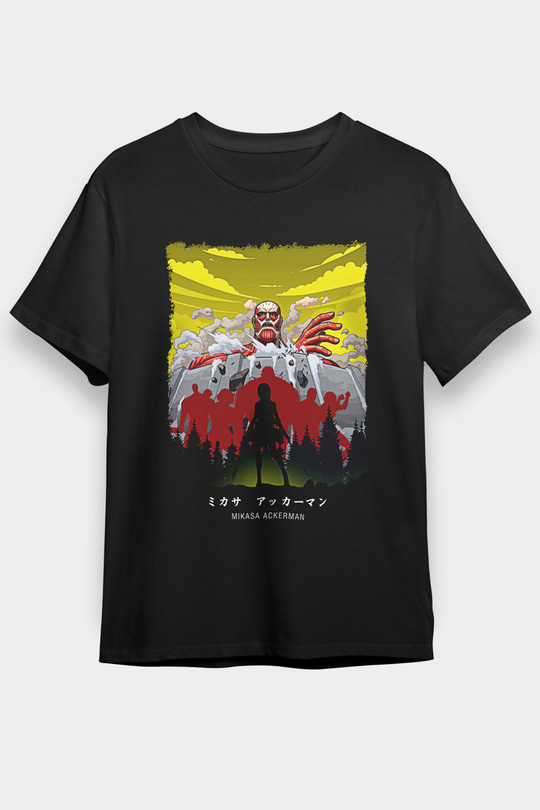Attack On Titan Baskılı Unisex Siyah Tişört - Tshirt