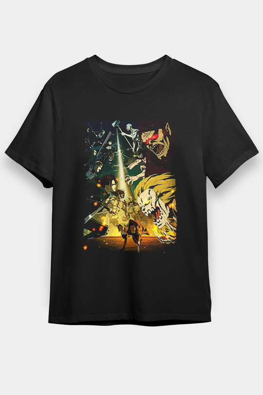 Attack On Titan Baskılı Unisex Siyah Tişört - Tshirt