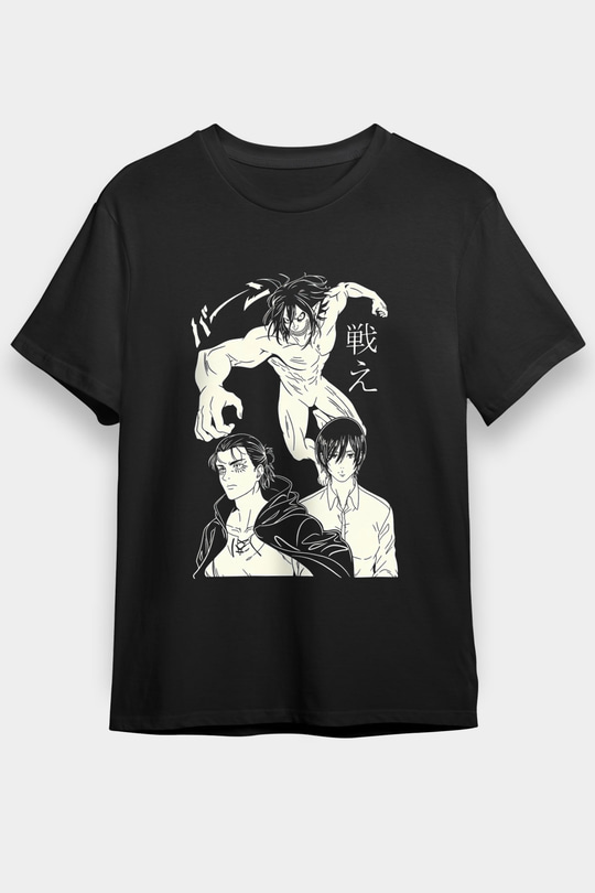 Attack On Titan Baskılı Unisex Siyah Tişört - Tshirt
