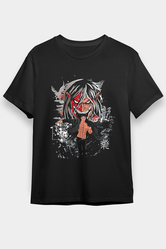 Attack On Titan Baskılı Unisex Siyah Tişört - Tshirt