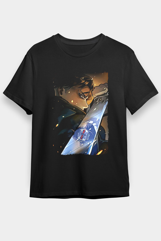 Attack On Titan Baskılı Unisex Siyah Tişört - Tshirt