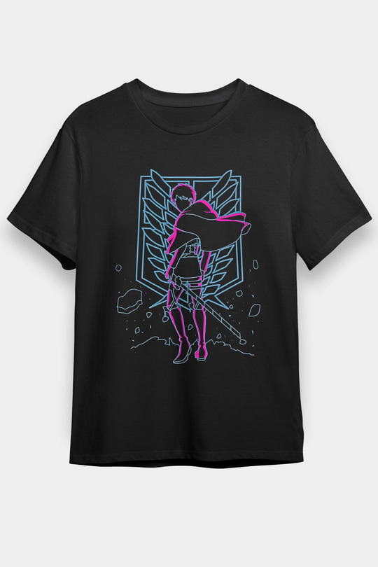 Attack On Titan Baskılı Unisex Siyah Tişört - Tshirt