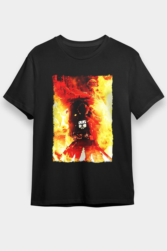 Attack On Titan Baskılı Unisex Siyah Tişört - Tshirt