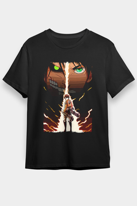 Attack On Titan Baskılı Unisex Siyah Tişört - Tshirt