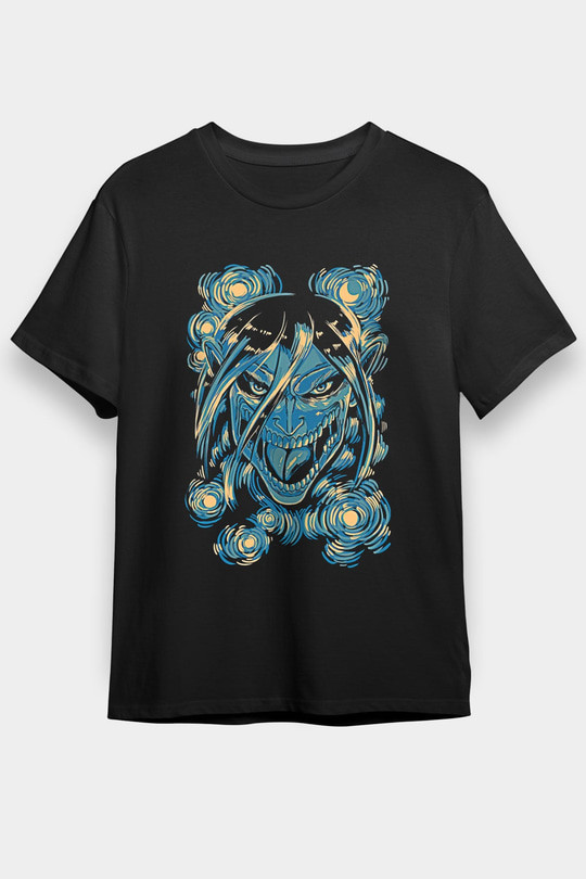 Attack On Titan Baskılı Unisex Siyah Tişört - Tshirt