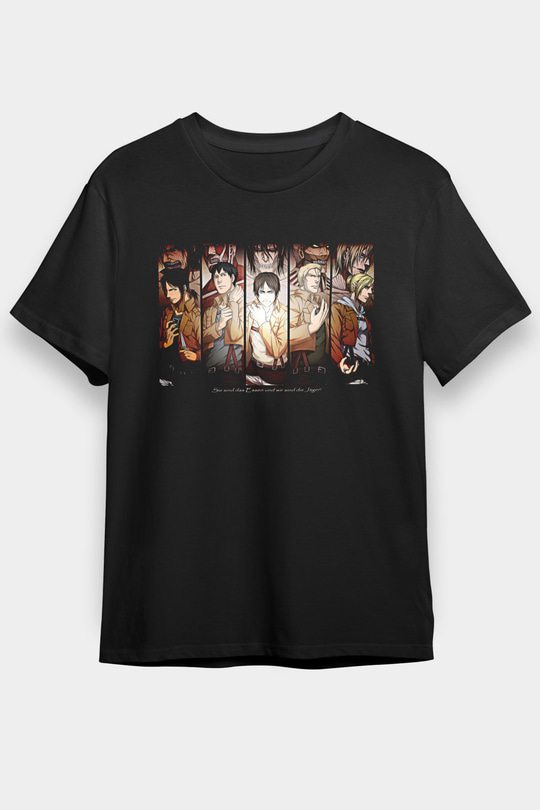 Attack On Titan Baskılı Unisex Siyah Tişört - Tshirt