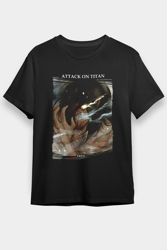 Attack On Titan Baskılı Unisex Siyah Tişört - Tshirt