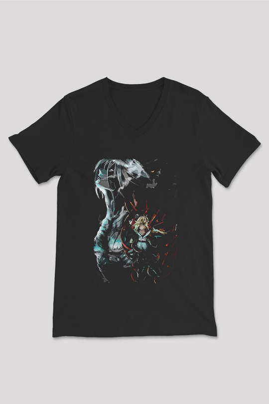 Attack On Titan Baskılı Unisex Siyah V Yaka Tişört - Tshirt