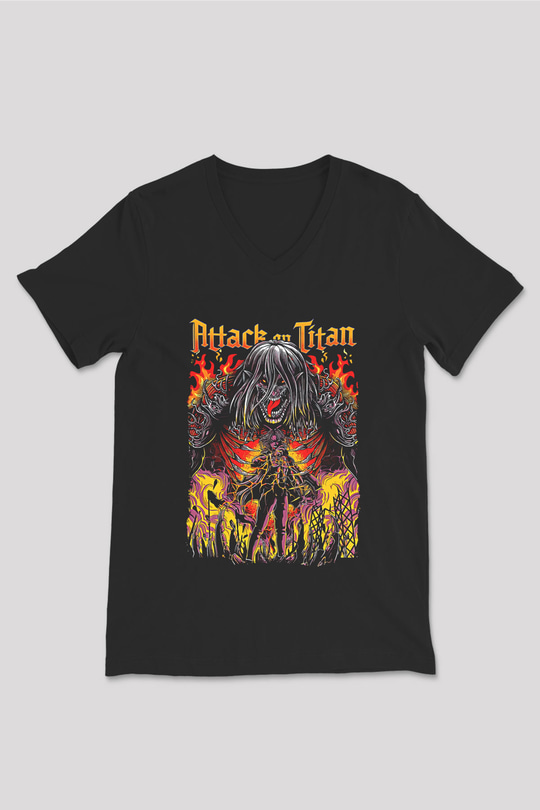 Attack On Titan Baskılı Unisex Siyah V Yaka Tişört - Tshirt
