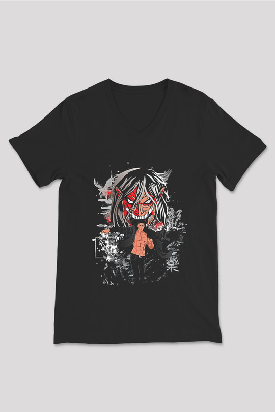Attack On Titan Baskılı Unisex Siyah V Yaka Tişört - Tshirt