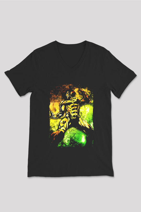 Attack On Titan Baskılı Unisex Siyah V Yaka Tişört - Tshirt
