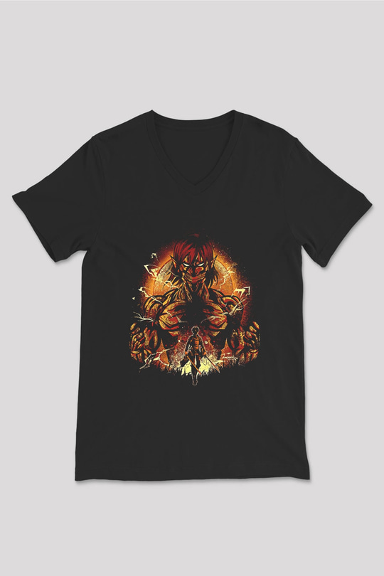 Attack On Titan Baskılı Unisex Siyah V Yaka Tişört - Tshirt