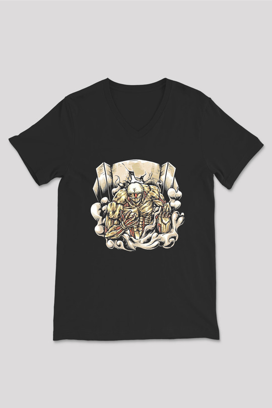 Attack On Titan Baskılı Unisex Siyah V Yaka Tişört - Tshirt