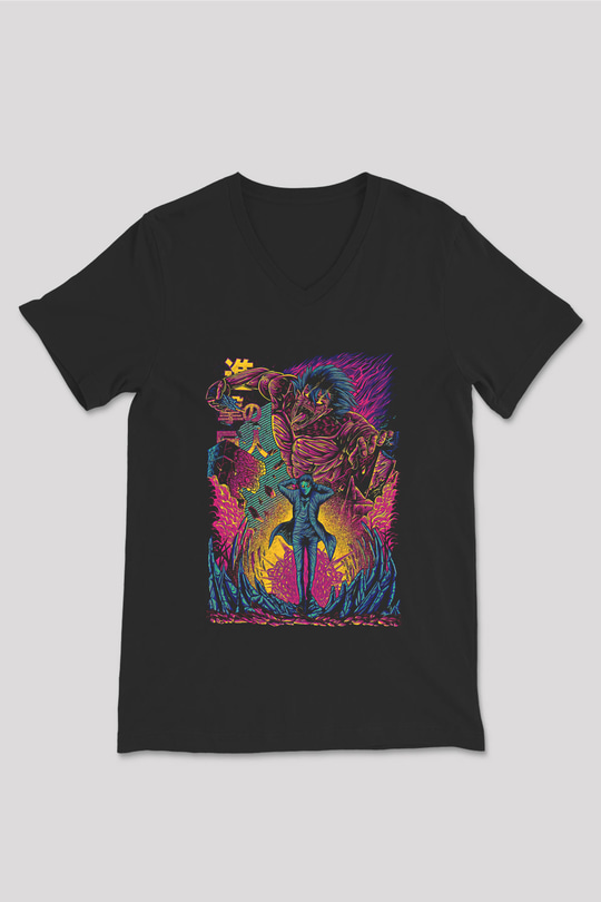 Attack On Titan Baskılı Unisex Siyah V Yaka Tişört - Tshirt