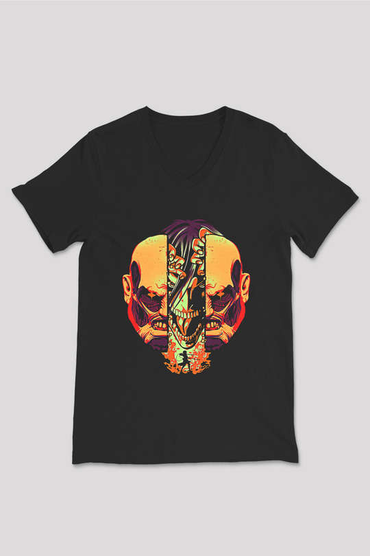 Attack On Titan Baskılı Unisex Siyah V Yaka Tişört - Tshirt