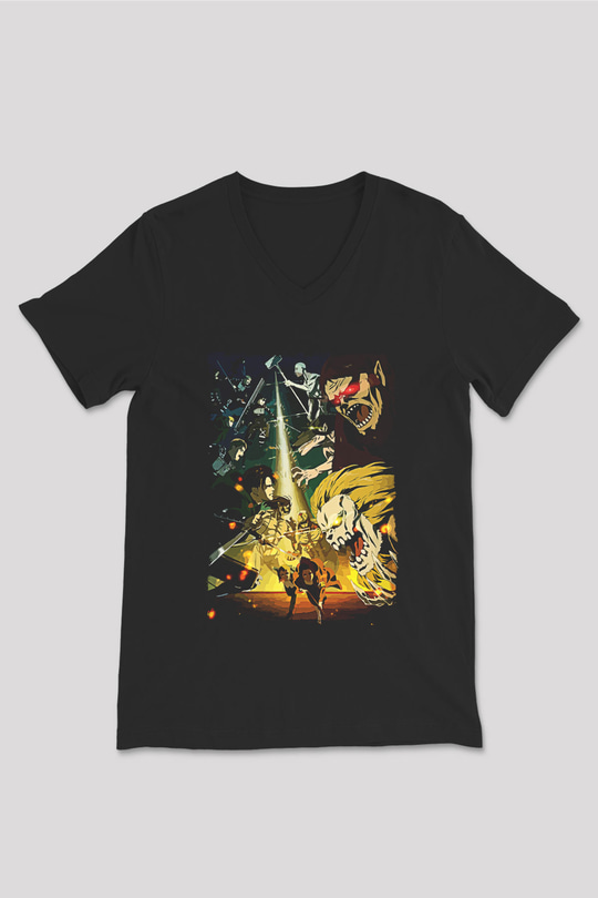 Attack On Titan Baskılı Unisex Siyah V Yaka Tişört - Tshirt