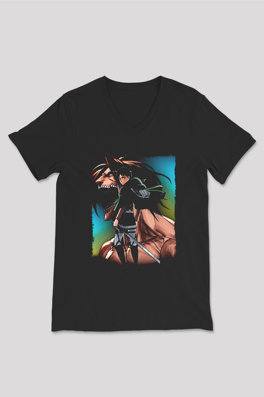 Attack On Titan Baskılı Unisex Siyah V Yaka Tişört - Tshirt