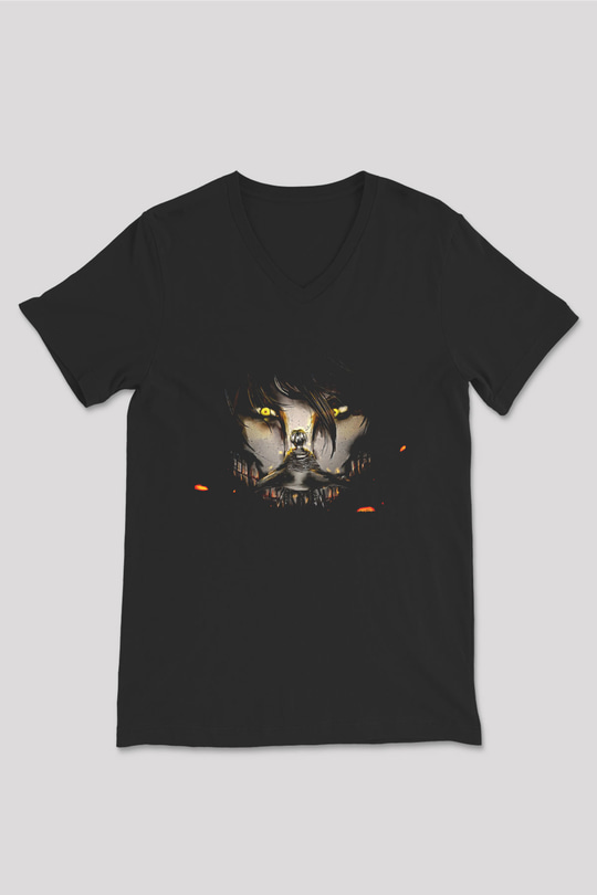 Attack On Titan Baskılı Unisex Siyah V Yaka Tişört - Tshirt