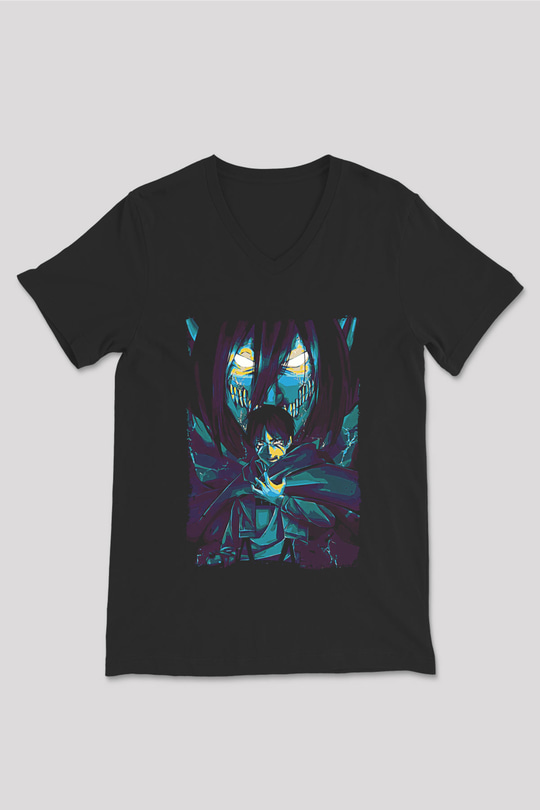 Attack On Titan Baskılı Unisex Siyah V Yaka Tişört - Tshirt