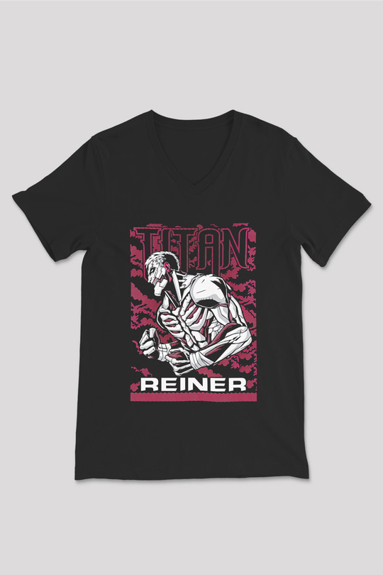 Attack On Titan Baskılı Unisex Siyah V Yaka Tişört - Tshirt