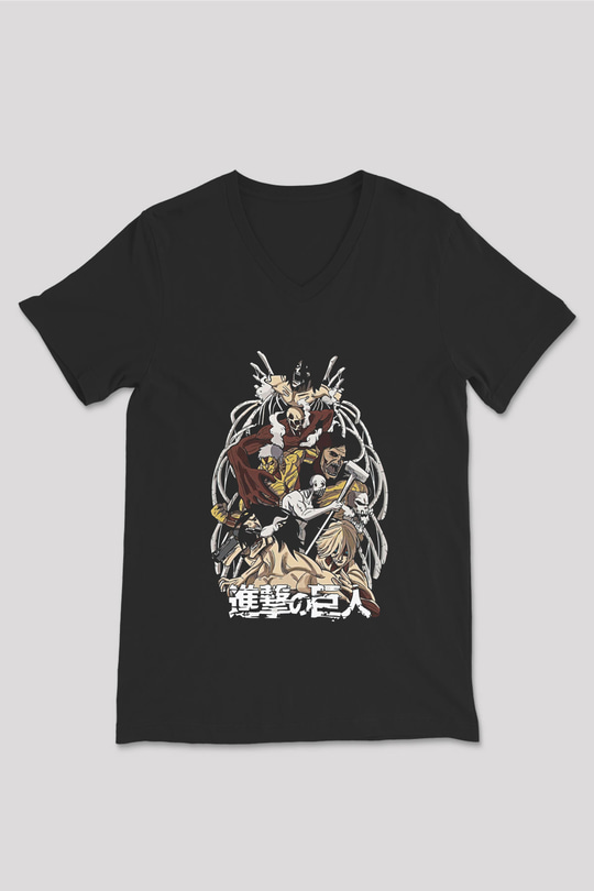 Attack On Titan Baskılı Unisex Siyah V Yaka Tişört - Tshirt
