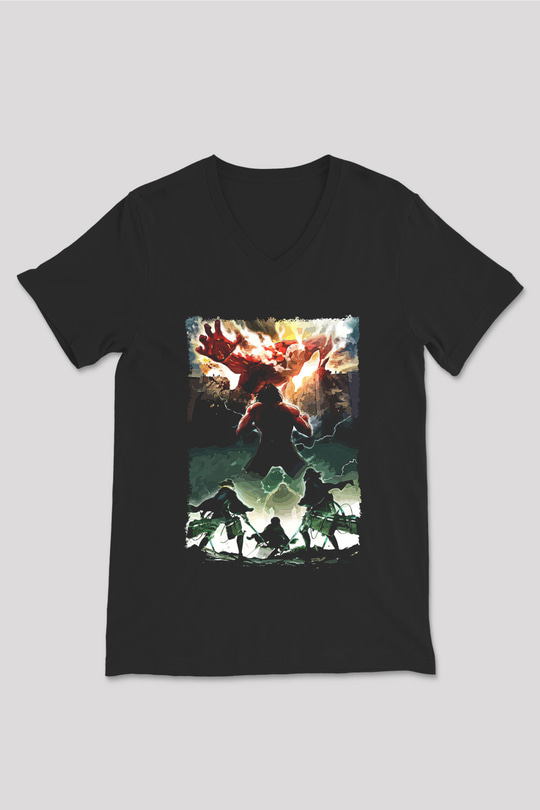 Attack On Titan Baskılı Unisex Siyah V Yaka Tişört - Tshirt