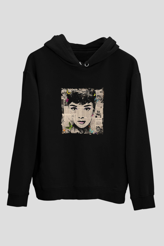 Audrey Hepburn Baskılı Unisex Siyah Hoodie