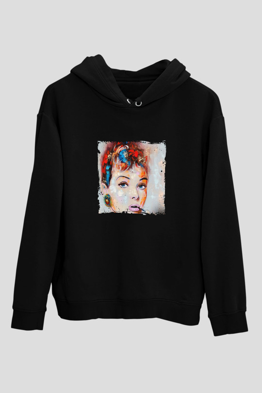 Audrey Hepburn Baskılı Unisex Siyah Hoodie