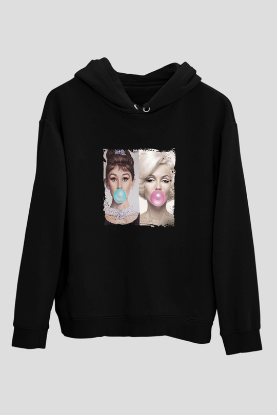 Audrey Hepburn Baskılı Unisex Siyah Hoodie