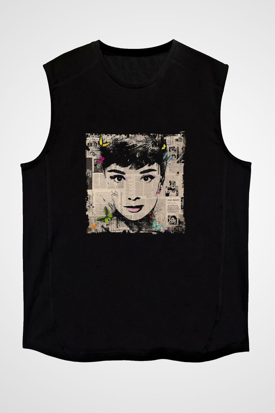 Audrey Hepburn Baskılı Unisex Siyah Kolsuz Tişört