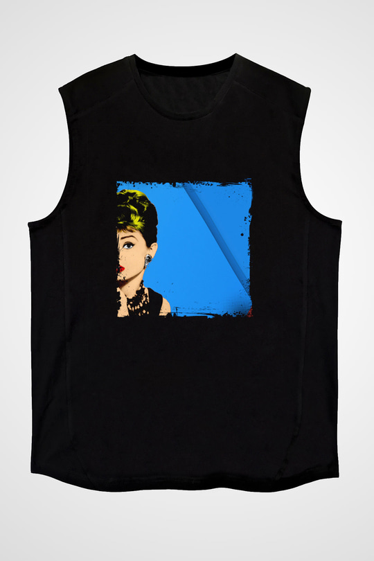 Audrey Hepburn Baskılı Unisex Siyah Kolsuz Tişört
