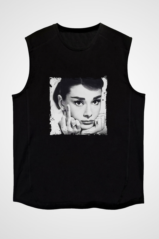 Audrey Hepburn Baskılı Unisex Siyah Kolsuz Tişört