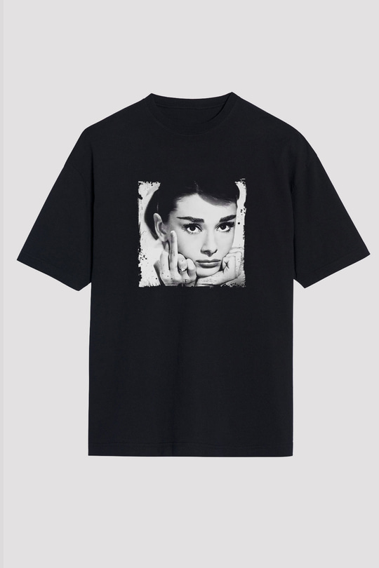 Audrey Hepburn Baskılı Unisex Siyah Oversize Tişört