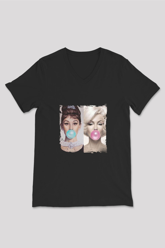 Audrey Hepburn Baskılı Unisex Siyah V Yaka Tişört