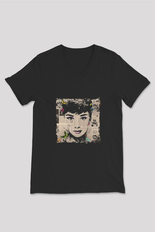 Audrey Hepburn Baskılı Unisex Siyah V Yaka Tişört